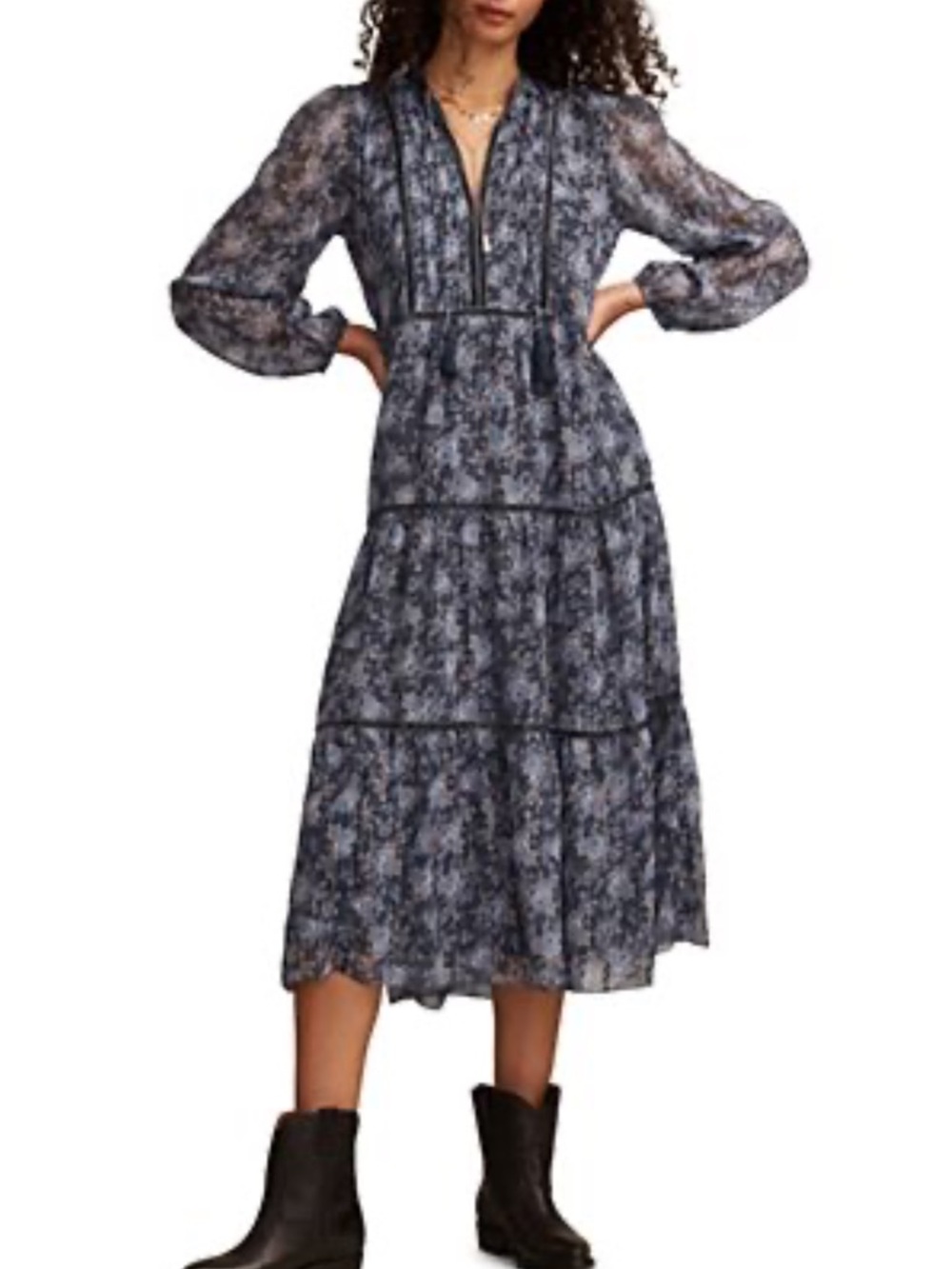 Lucky Brand Navy Floral Tiered Midi Dress metallic lurex thread velvet trim boho